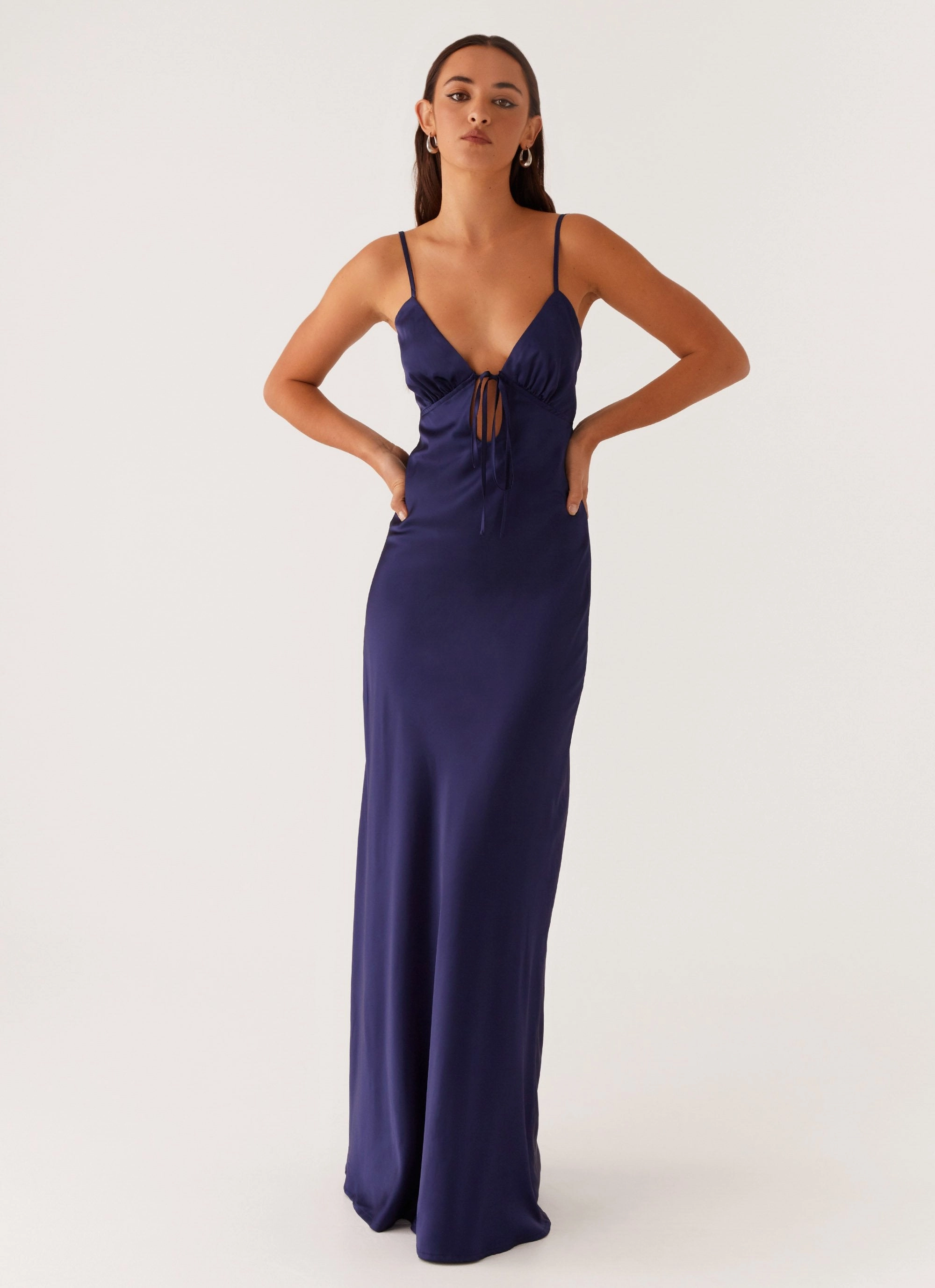 Draped Silhouette Flora Satin Maxi Dress - Navy