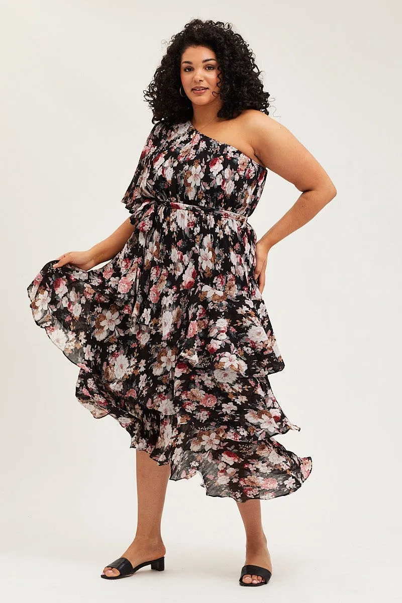 Shared Glow Floral Print Midi Dress One Shoulder Long Sleeve