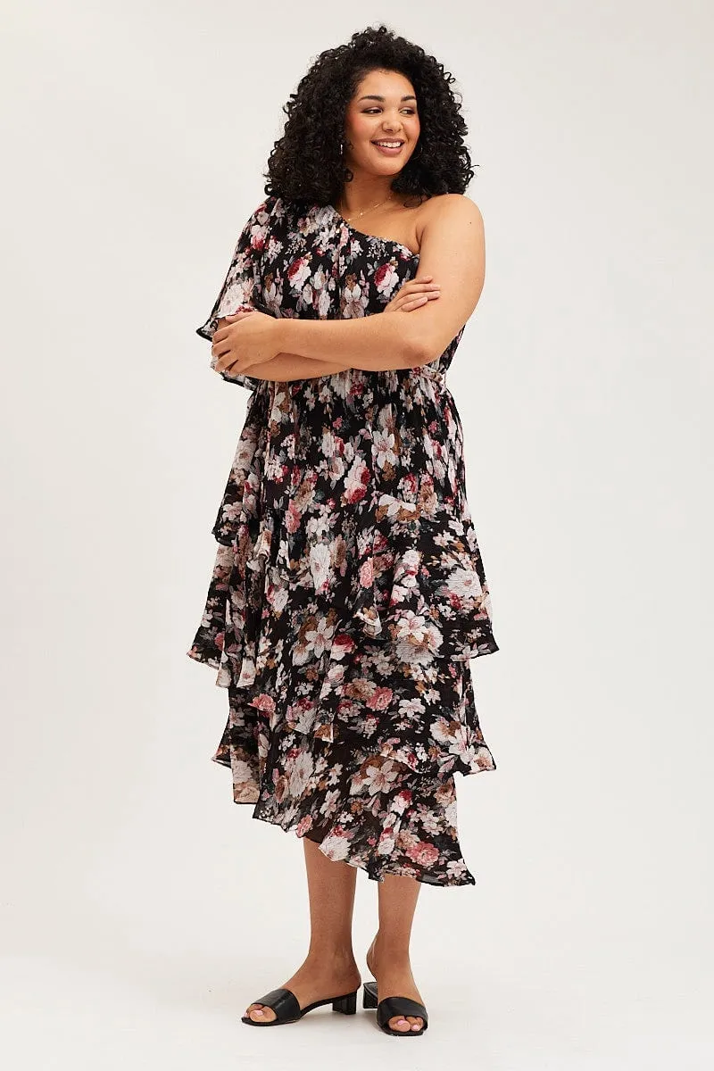 Floral Print Midi Dress One Shoulder Long Sleeve Smart Shape