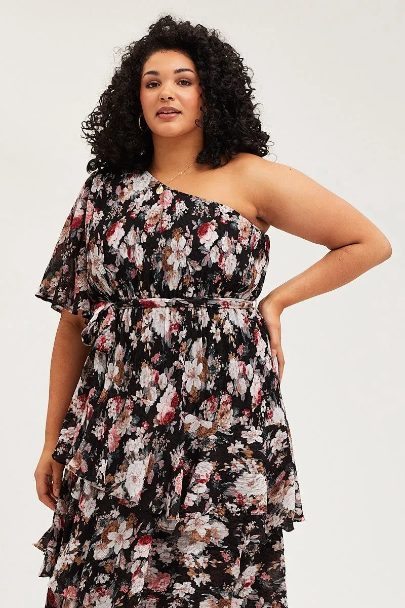 Floral Print Midi Dress One Shoulder Long Sleeve Lined interior