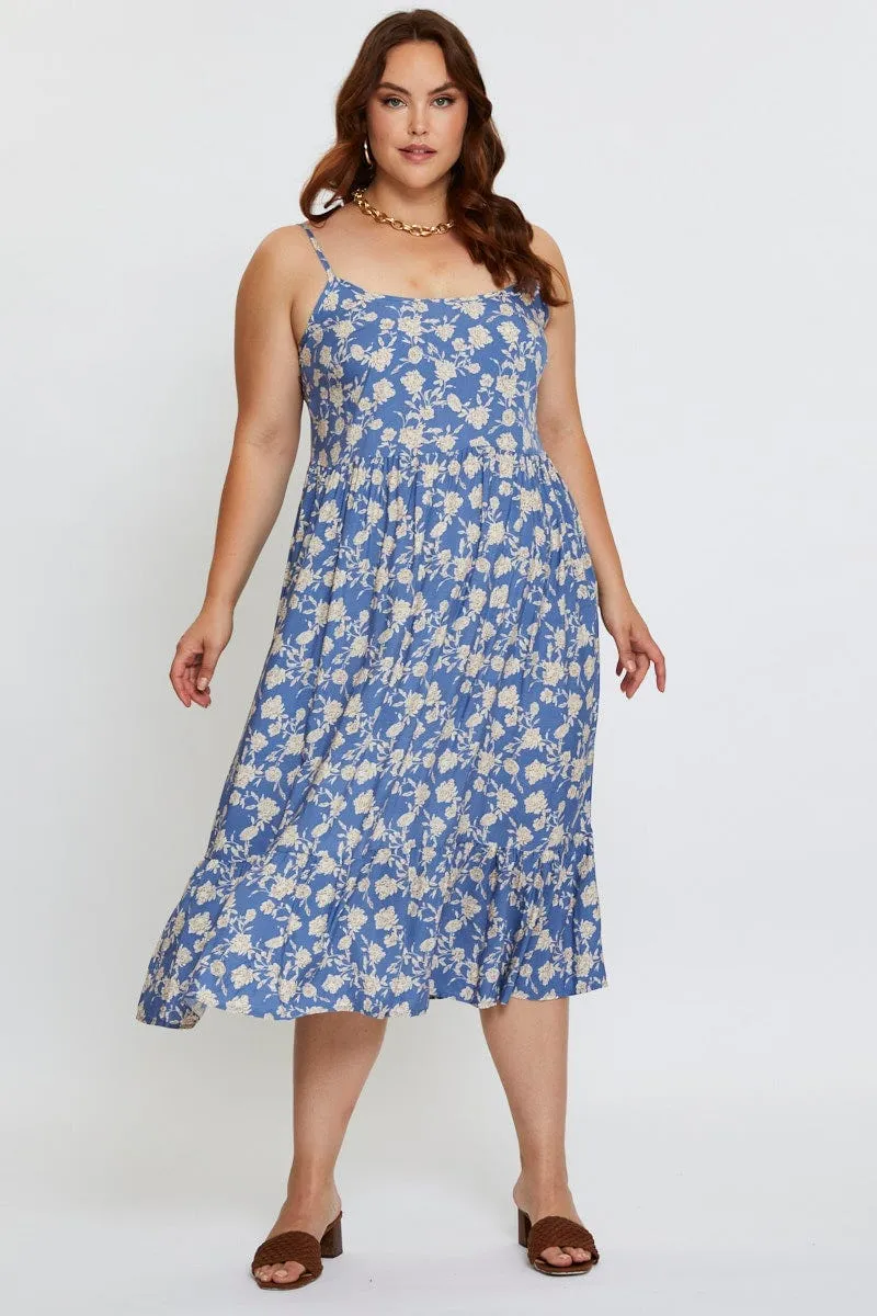 Transitional-Wear Floral Print Midi Dress Square Neck Sleeveless