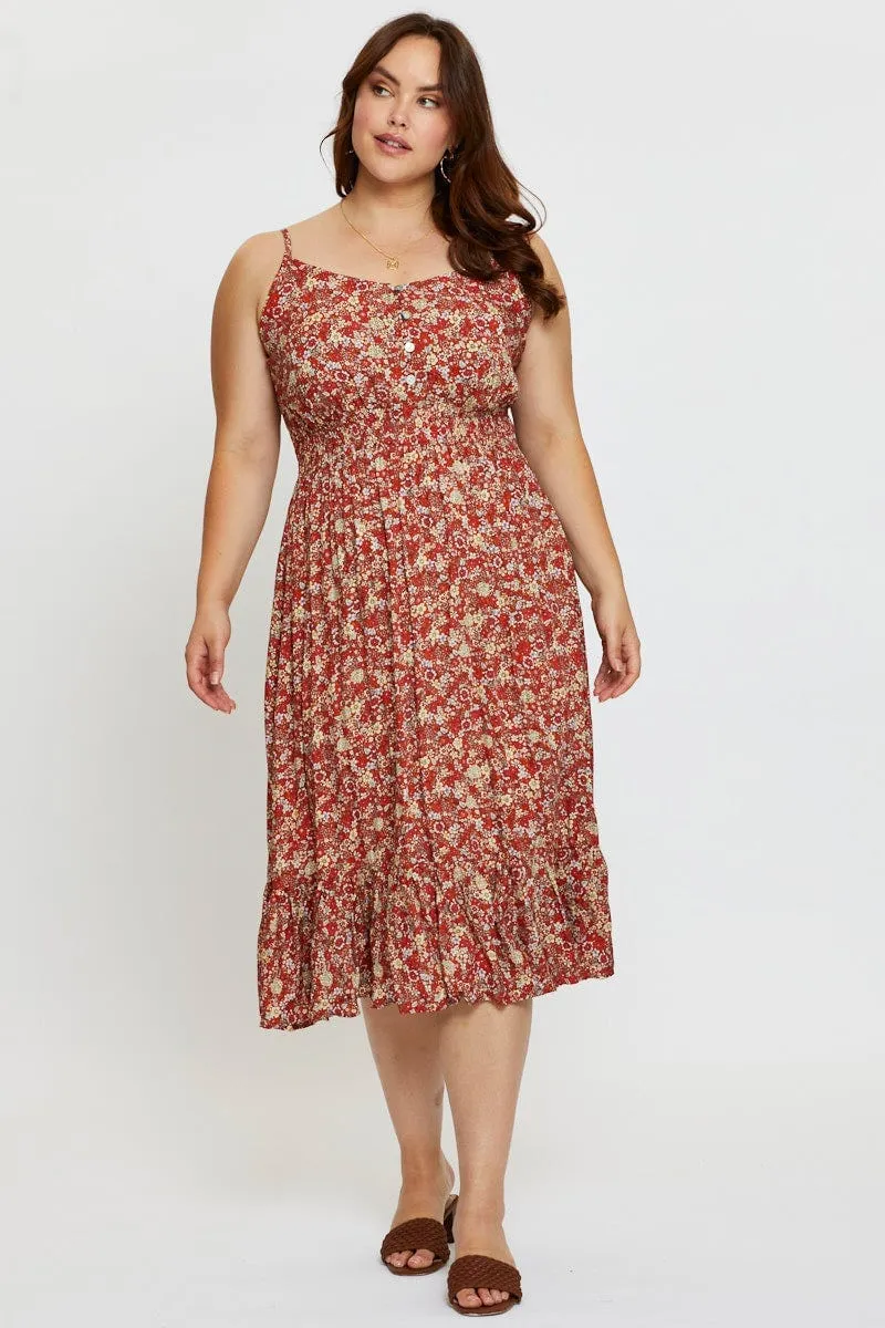 Floral Print Midi Dress V-neck Sleeveless Bold Pattern