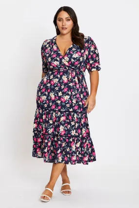 Floral Print Short Sleeve Puff Sleeve Midi Dress Soft Shape