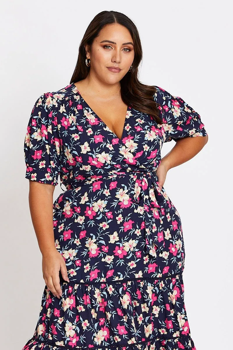 Floral Print Short Sleeve Puff Sleeve Midi Dress Soft Cut