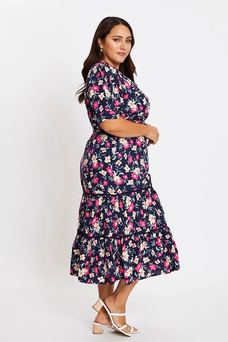 Evening Motion Fall Mood Floral Print Short Sleeve Puff Sleeve Midi Dress