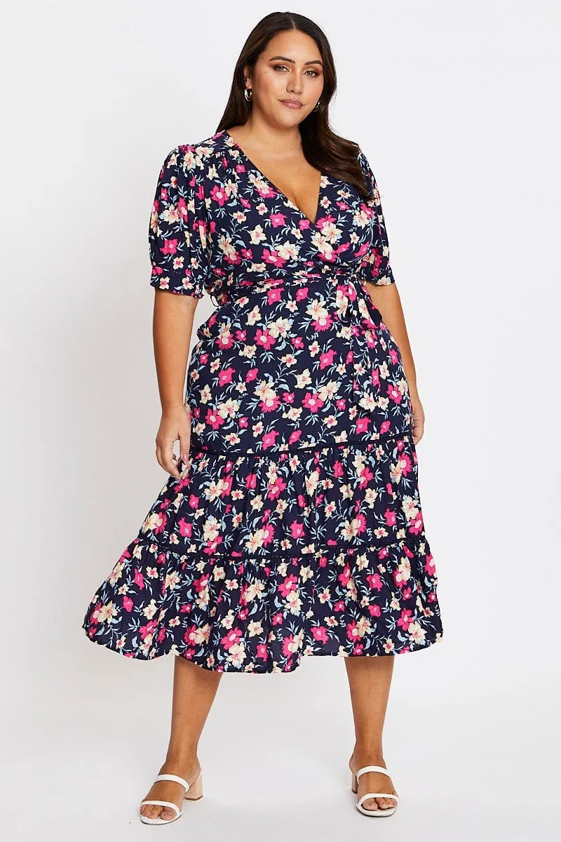 Layered Movement Floral Print Short Sleeve Puff Sleeve Midi Dress