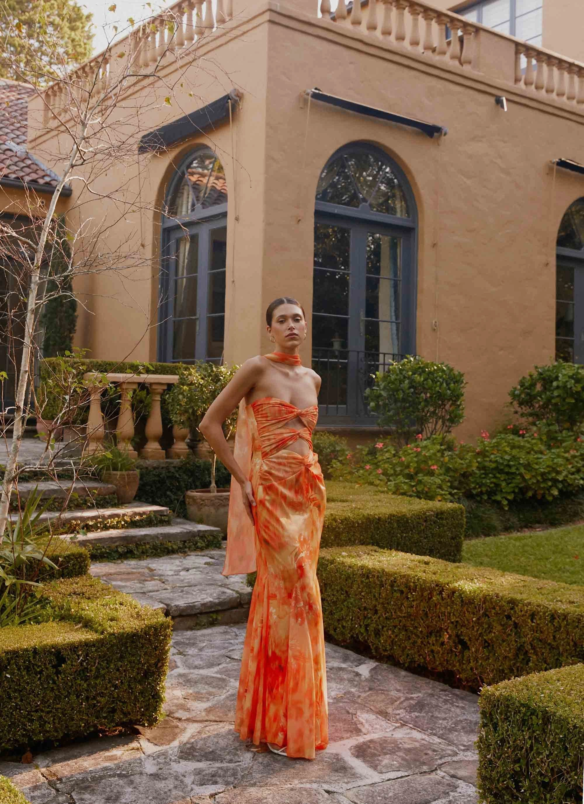 Happy Soul Gender Inclusive Melrose Satin Chiffon Maxi Dress - Sunset Floral