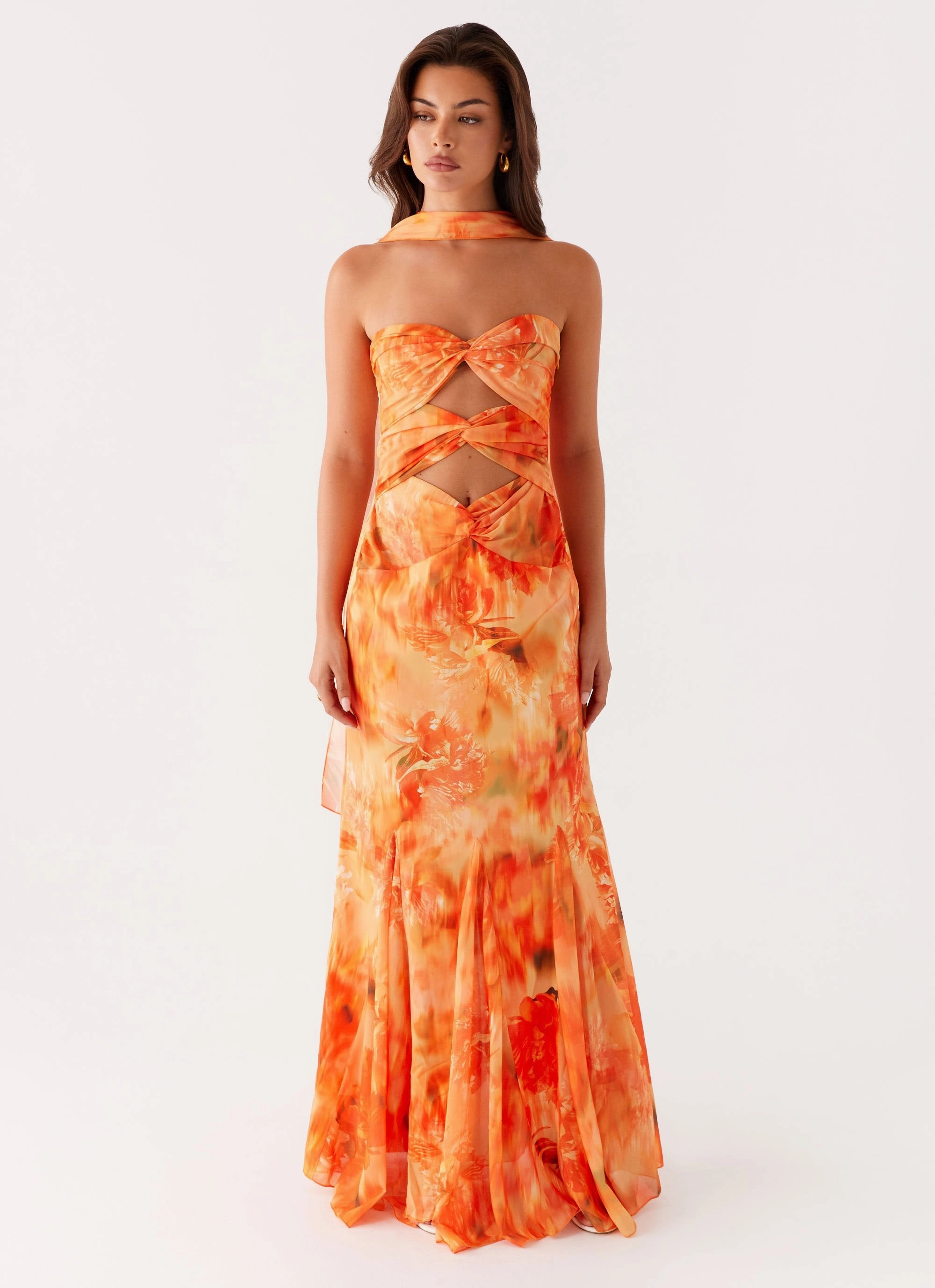 Melrose Satin Chiffon Maxi Dress - Sunset Floral Light Fabrication Hook-And-Eye