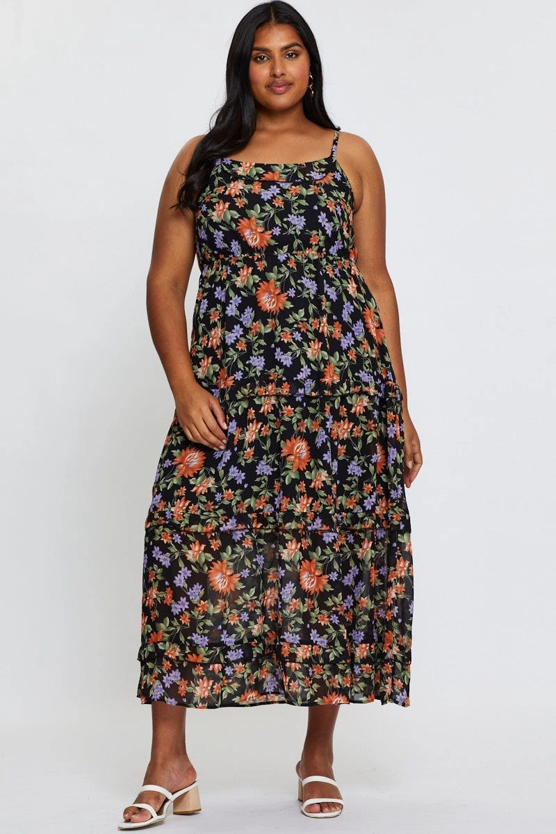 Floral Print Maxi Dress Square Neck Sleeveless Fashionable appearance