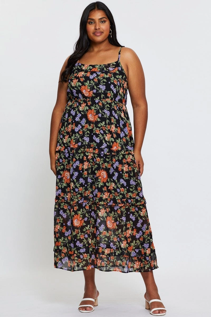 Clean Mood Floral Print Maxi Dress Square Neck Sleeveless