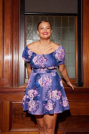 countryside Floral Pattern Multi Floral Skater Dress Short Puff Sleeve Crepe Tie Neck