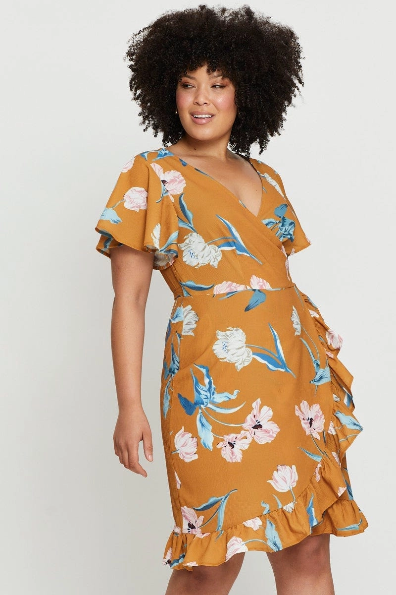 Floral Print Skater Dress V-neck Short Sleeve Ruffle Button Accent Smart Lines