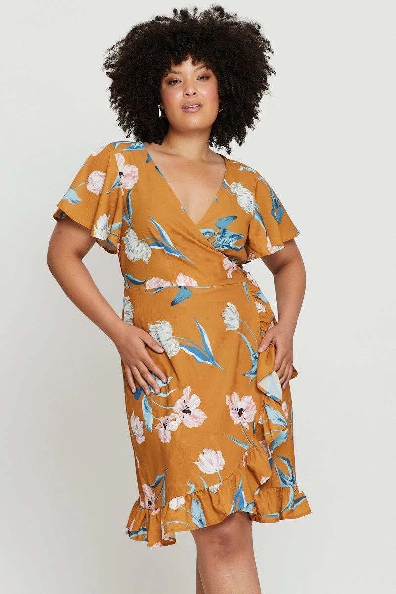 Floral Print Skater Dress V-neck Short Sleeve Ruffle Pure Stitch Patterned-Fabric