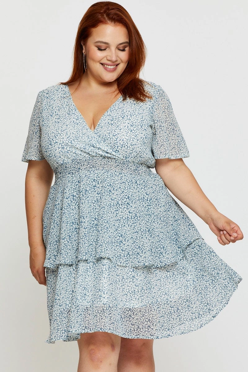 Floral Print Skater Dress V-neck Short Sleeve Tie Dream Look Airy Weave