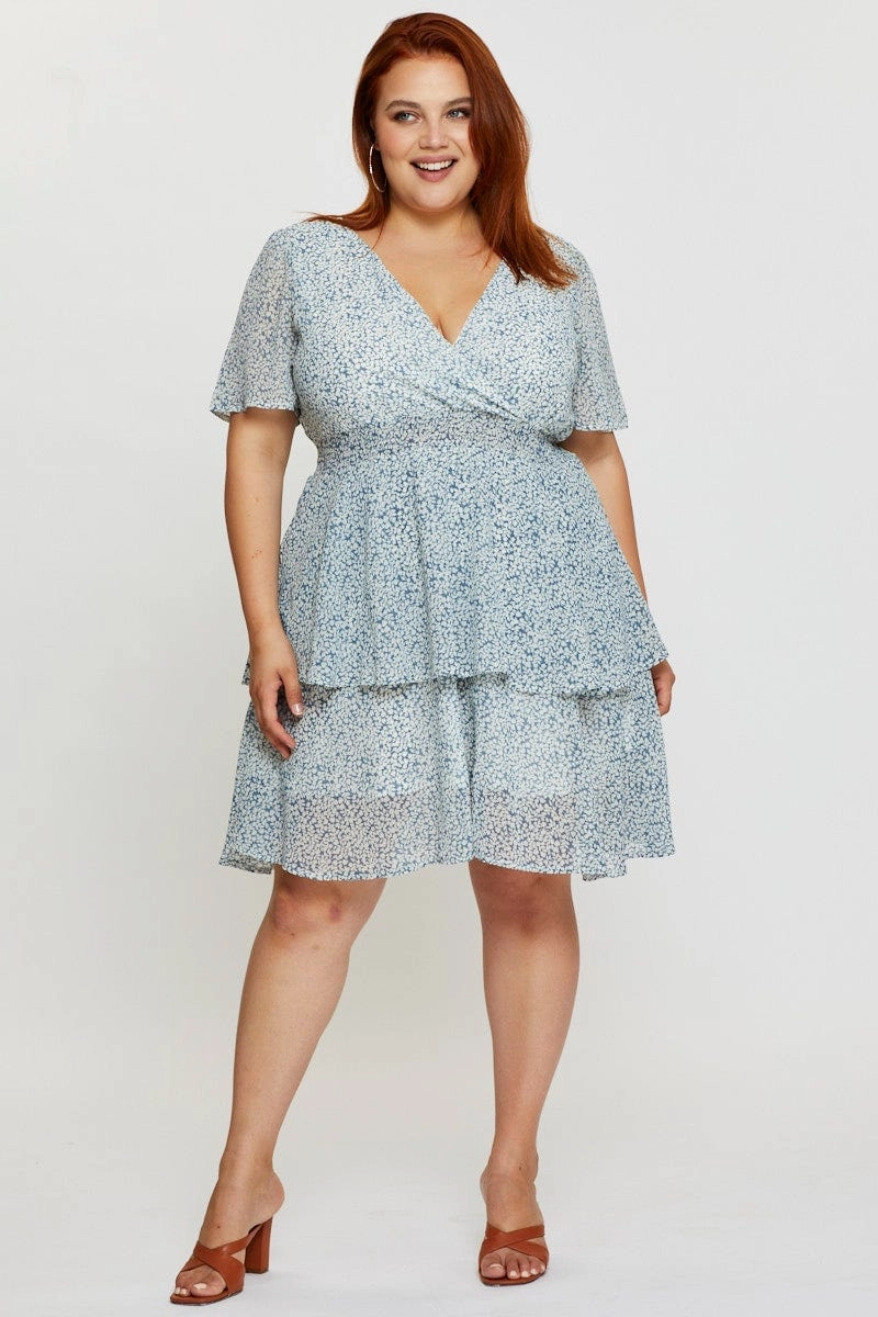 Floral Print Skater Dress V-neck Short Sleeve Tie Charming Design Modest Look