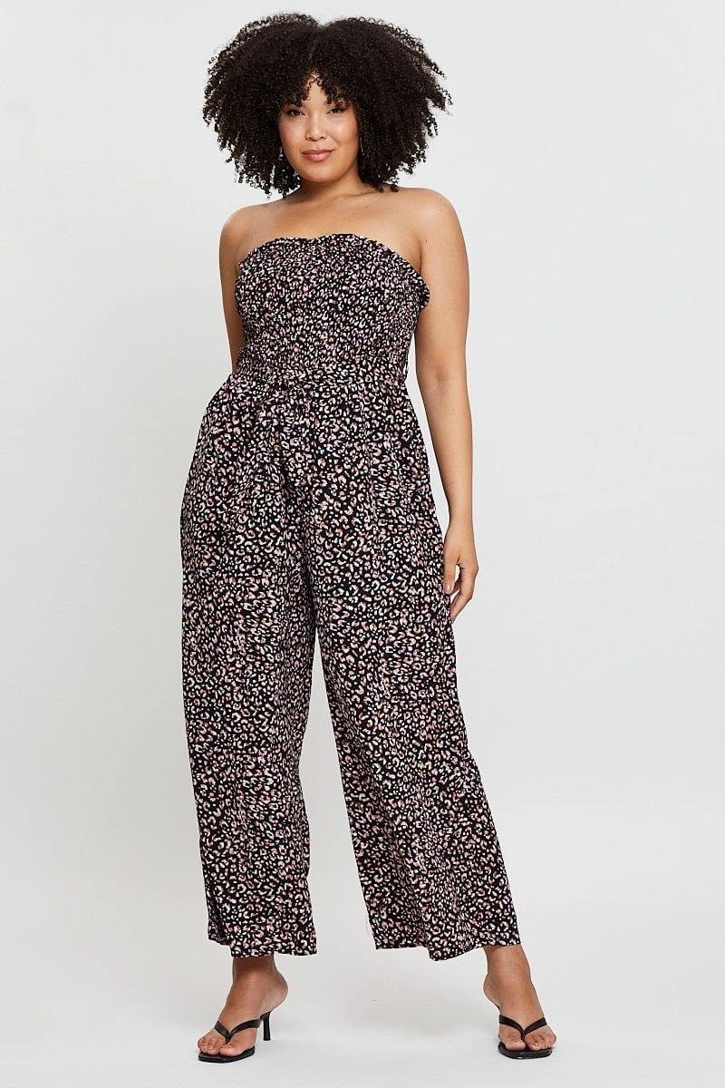 Delicate Lines Work Fitwear Animal Print Jumpsuit Strapless Waist Tie