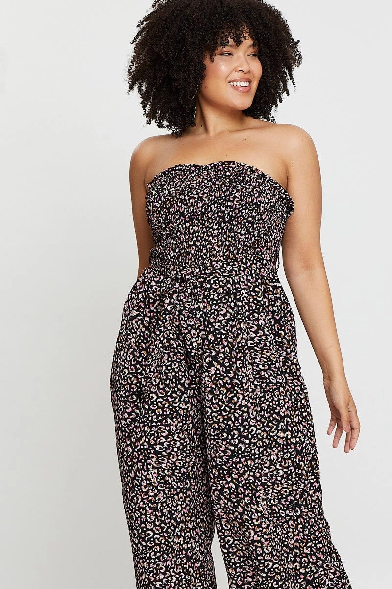 Animal Print Jumpsuit Strapless Waist Tie NonIrritatingLining Calm Tone