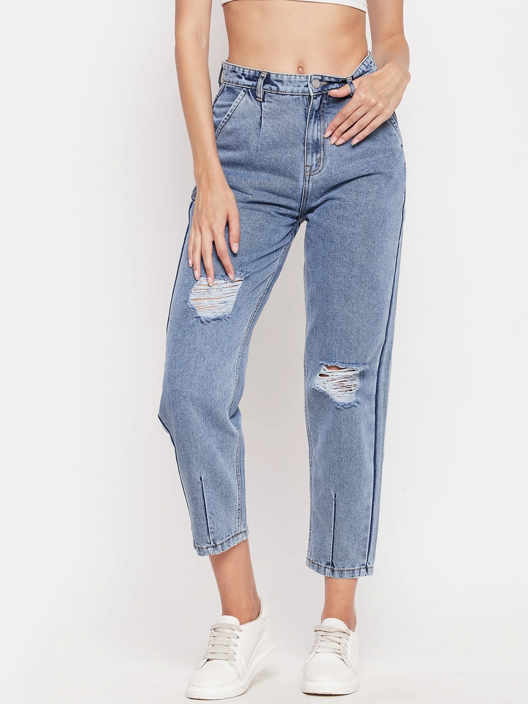 Madame High-Distressed Calf-Length Slim Light Blue Jeans Sleek Waist