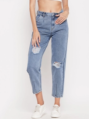 Madame High-Distressed Calf-Length Slim Light Blue Jeans Sleek Waist