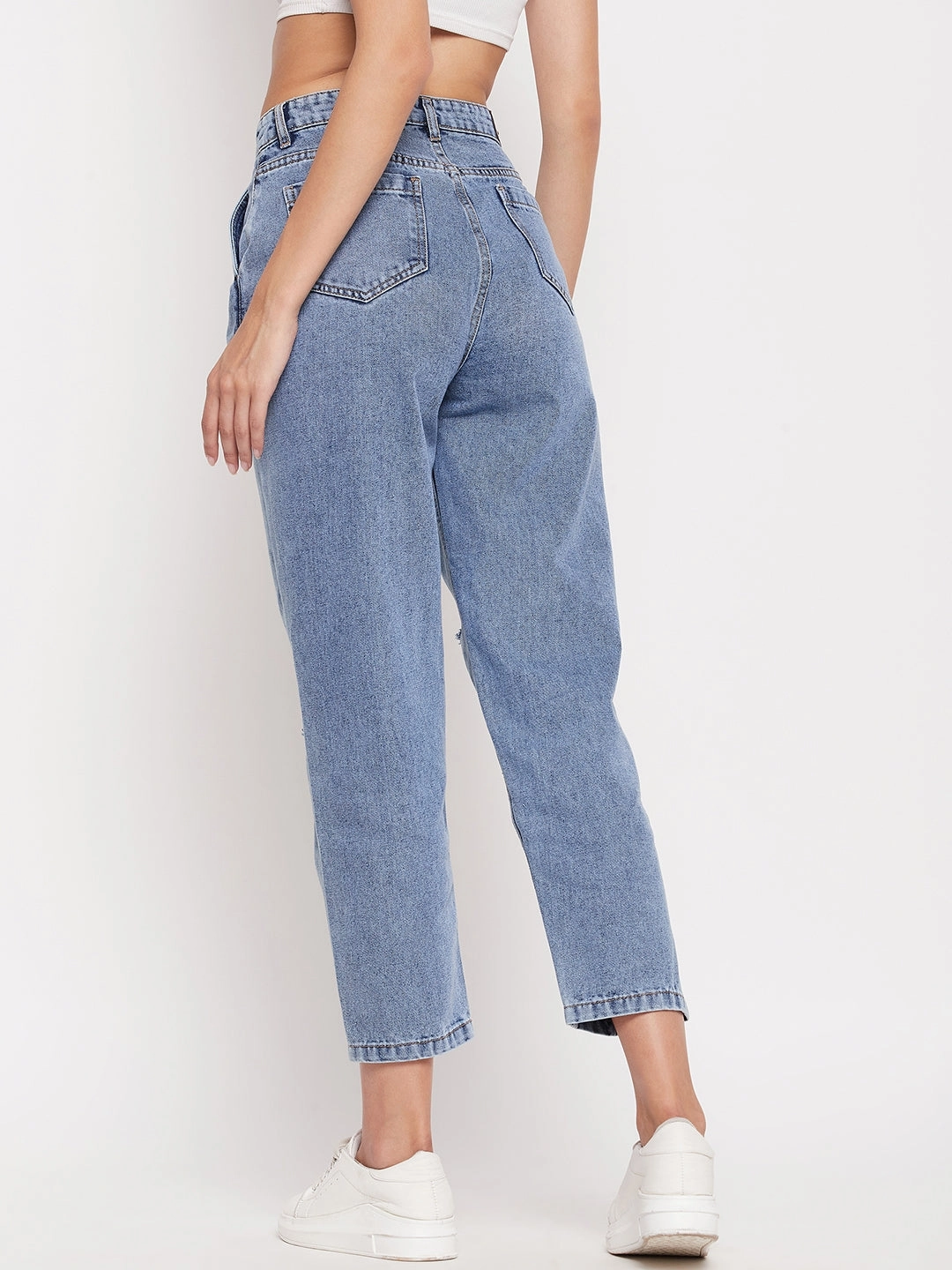 Brunch Outfit Casual Madame High-Distressed Calf-Length Slim Light Blue Jeans