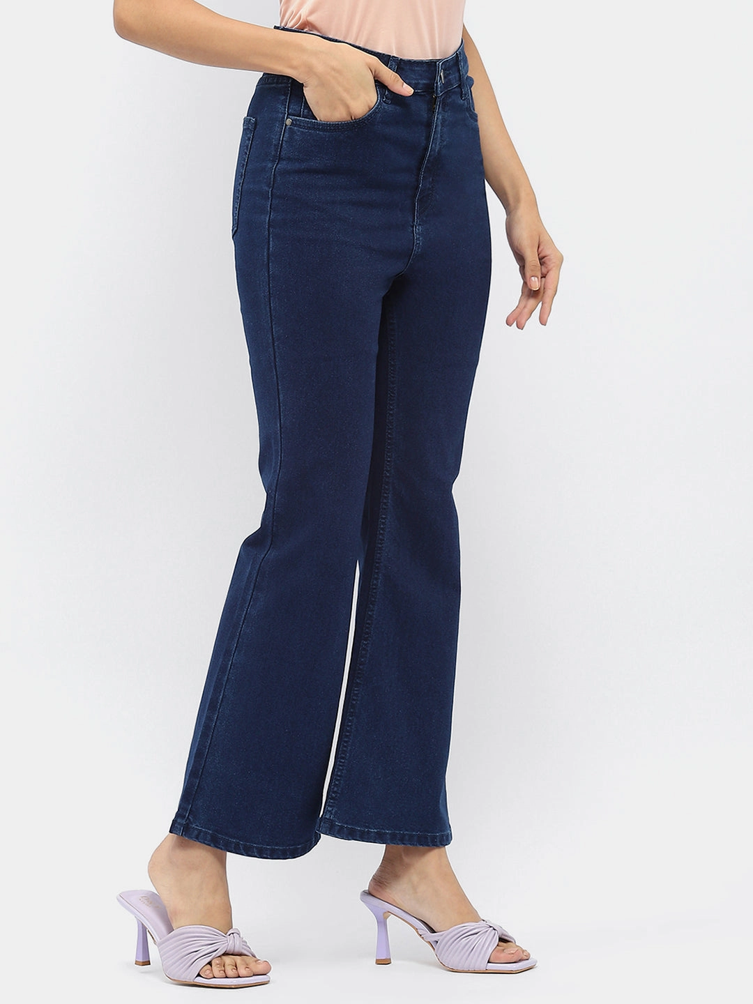 Madame Solid Blue Flared Denim Jeans Reliable Choice