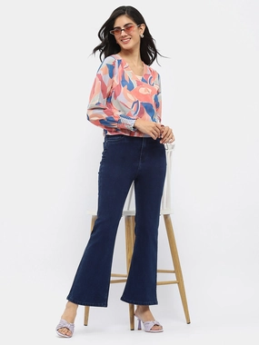 Formal City Walk Party Look Balanced Look Madame Solid Blue Flared Denim Jeans