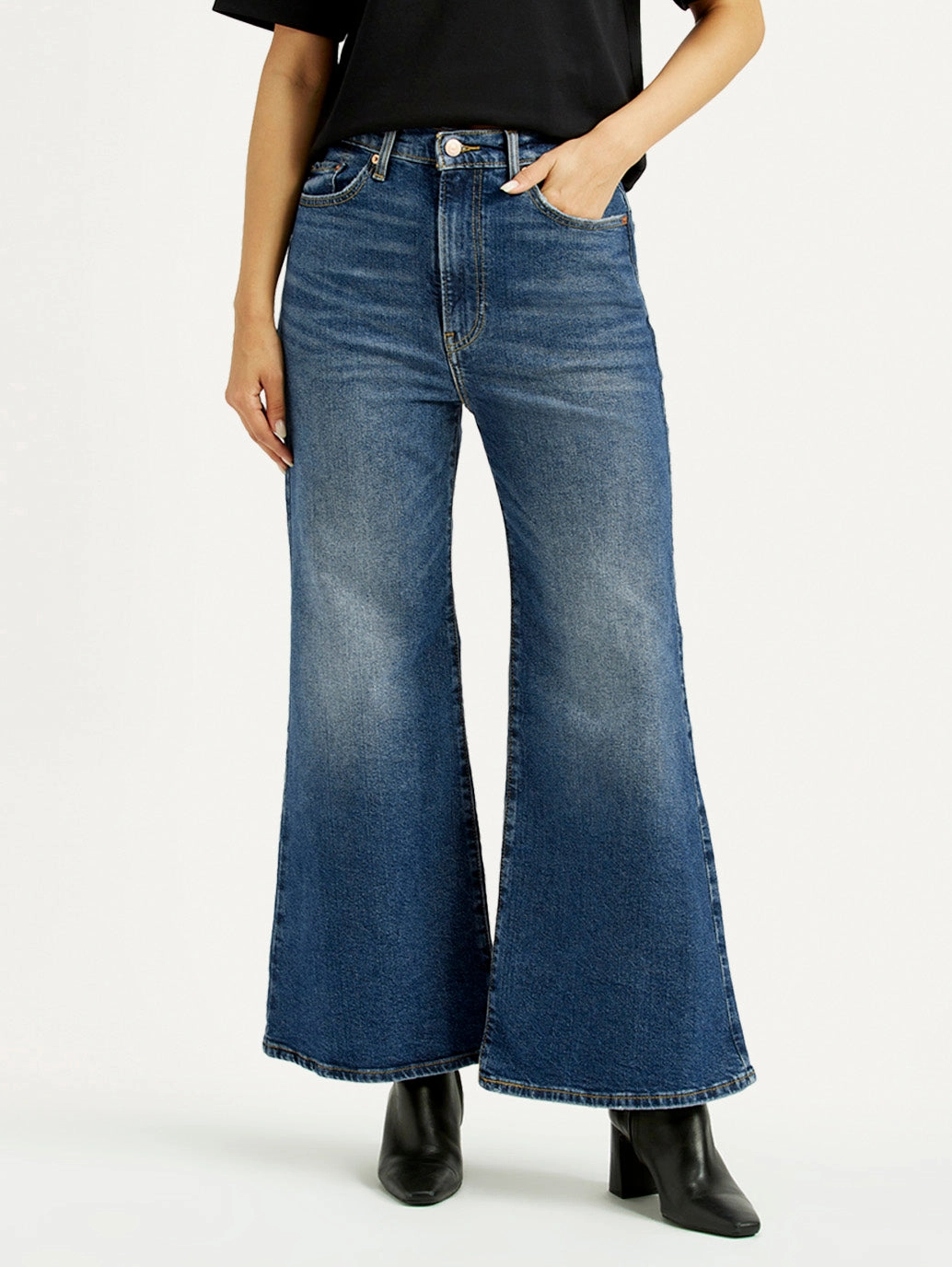 Athlete Fit Modern Autumn Days Unisex Wear Elegant Vintage Lover Women's Blue Ribcage Bell Bottom Wide Leg Fit Mid Rise Jeans