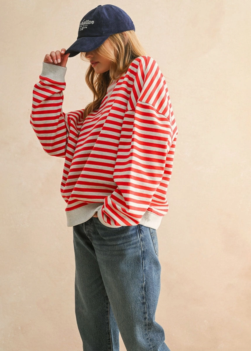 Freya Striped Knit Pullover - Red & Heather Grey Simple Knit
