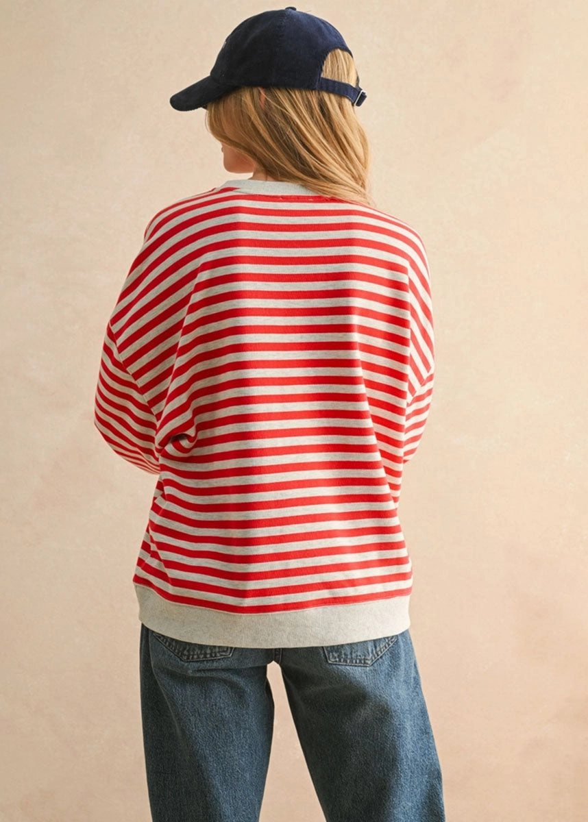 Freya Striped Knit Pullover - Red & Heather Grey Drop Shoulder Cut Modern Comfort