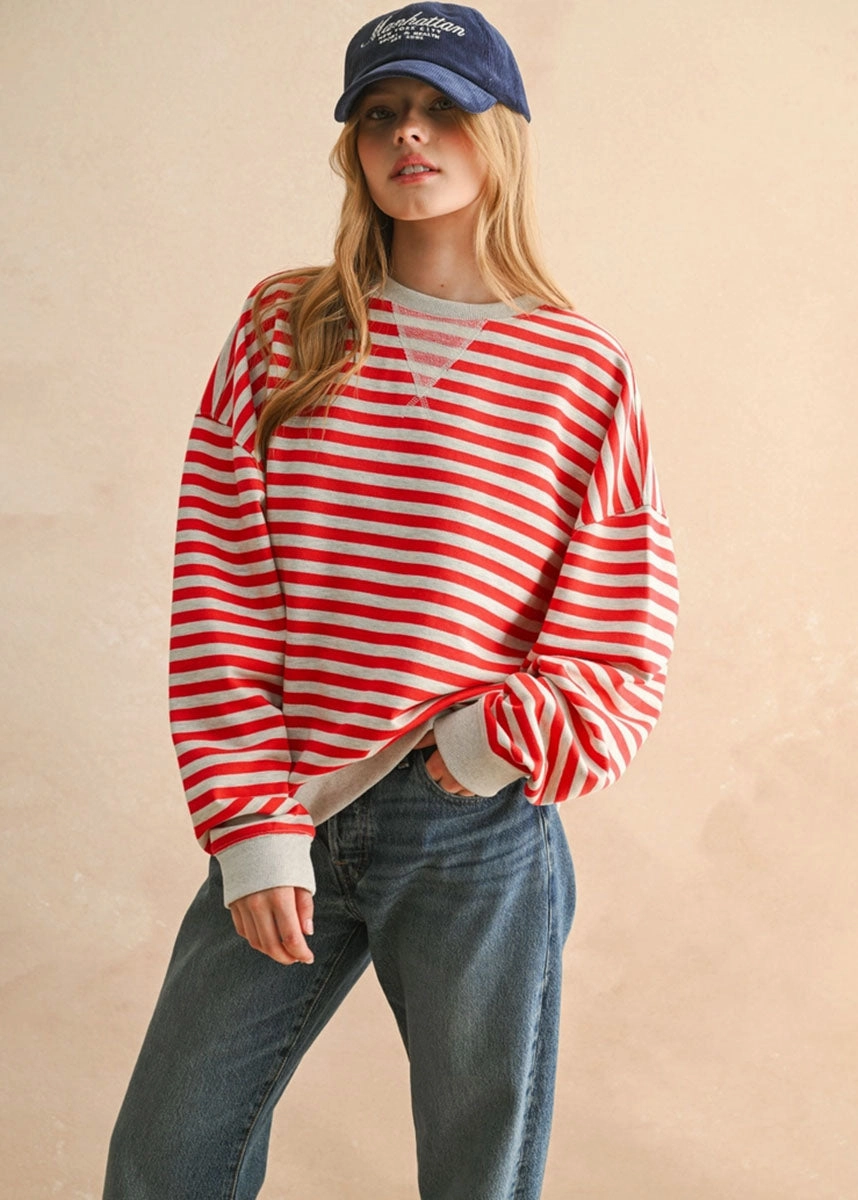Relax Fit Design Freya Striped Knit Pullover - Red & Heather Grey