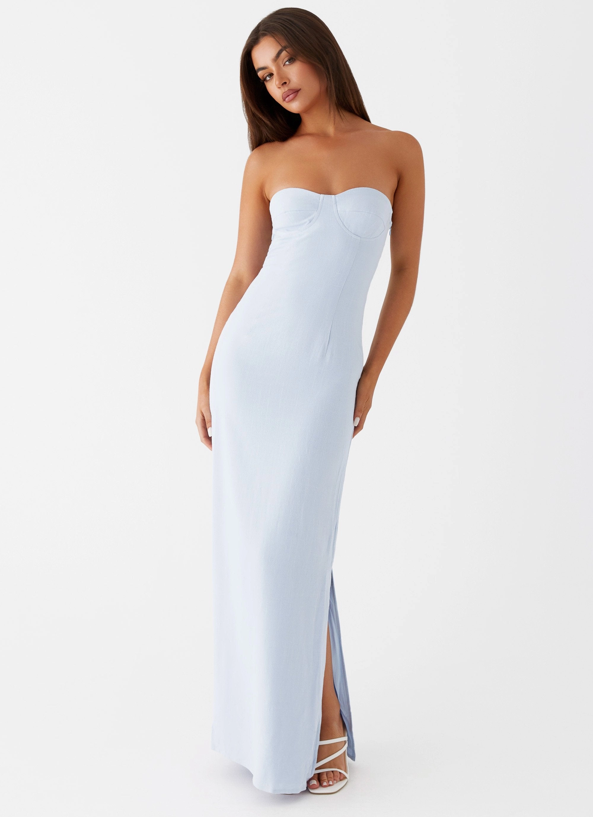 Esra Linen Strapless Maxi Dress - Blue Relaxed Waist Fit Casual Lines