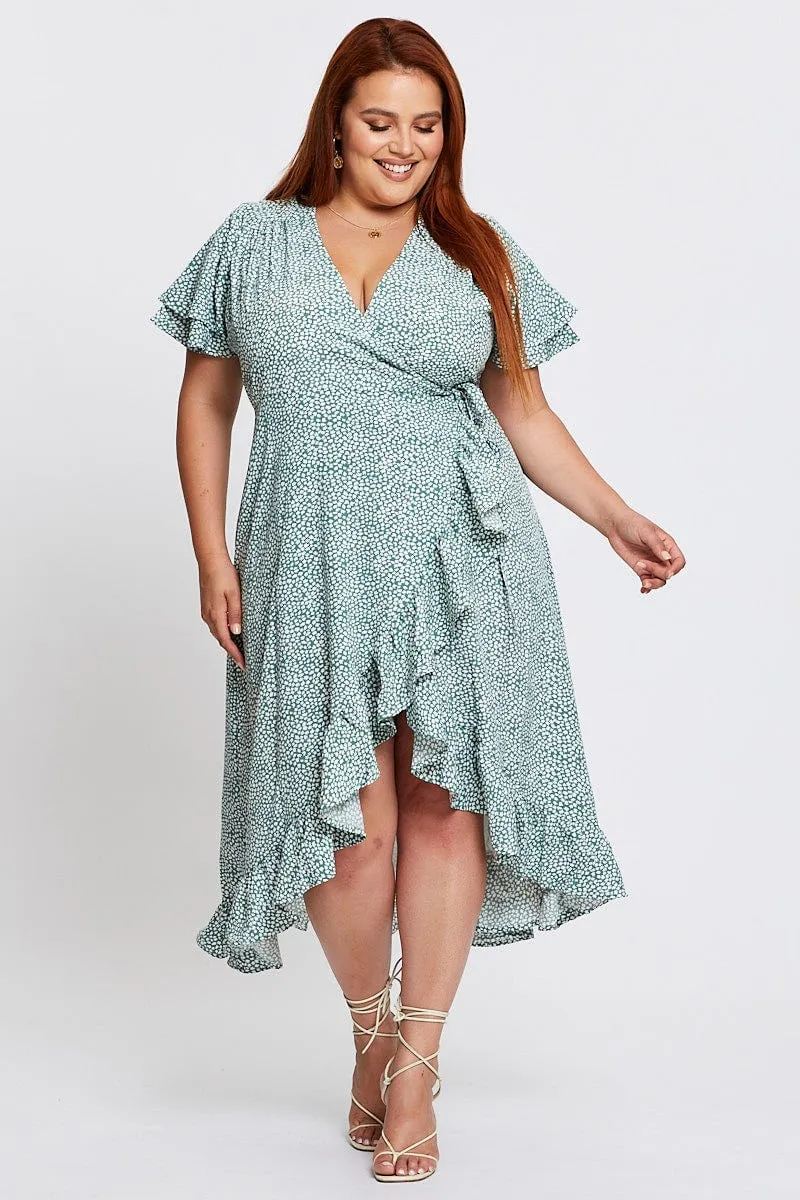 Geo Print Midi Dress Short Sleeve Ruffle Hem Chill Piece