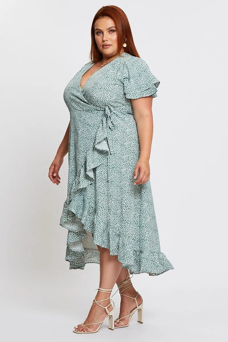 Comfort Waist Fit TaglessDesign Geo Print Midi Dress Short Sleeve Ruffle Hem