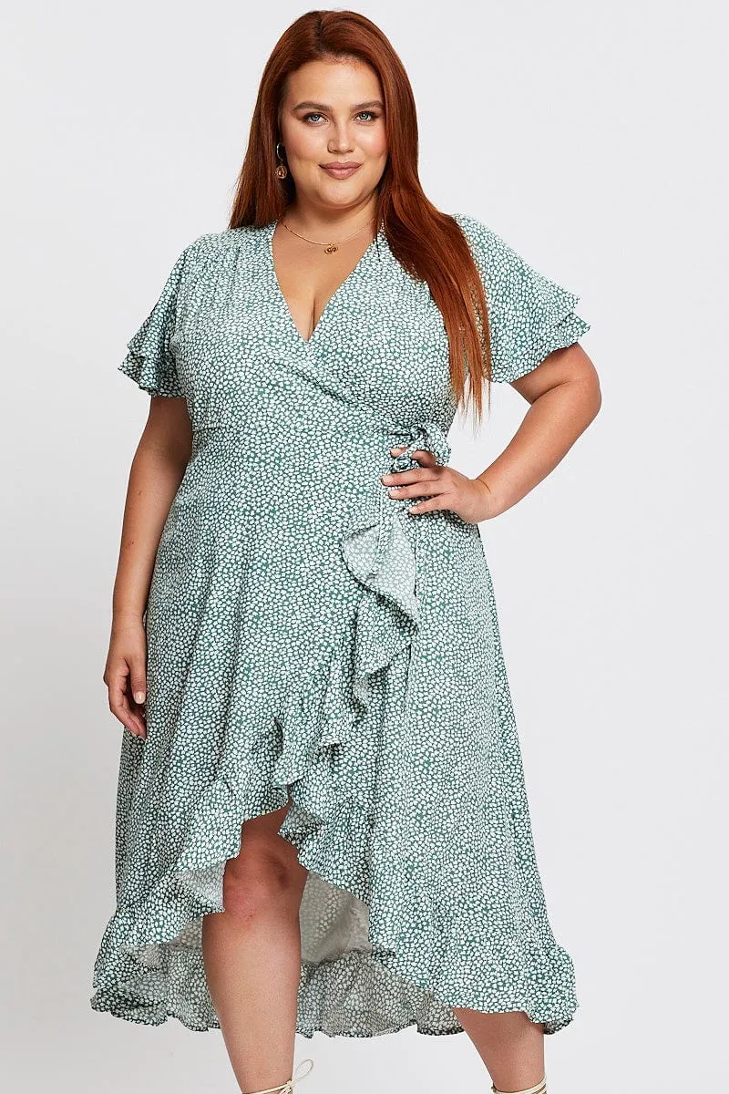 Geo Print Midi Dress Short Sleeve Ruffle Hem Timeless Touch