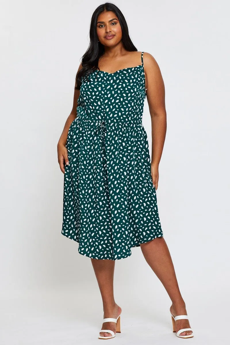 Geo Print Midi Satin Dress Cowl Neck Sleeveless QuickDryTechnology