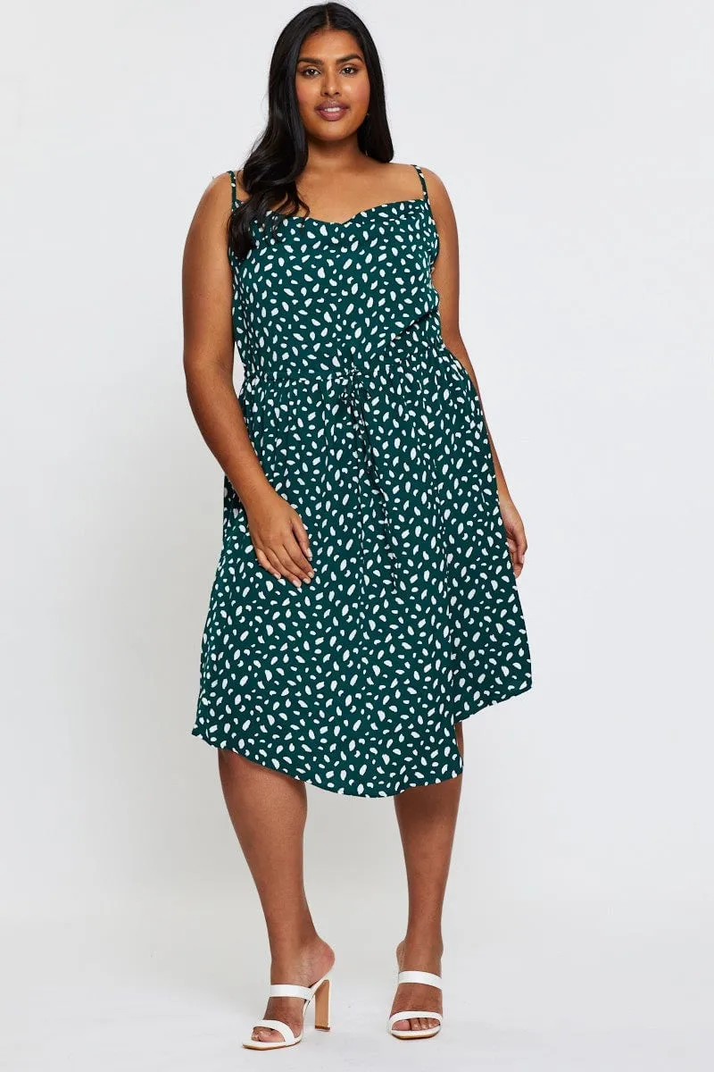 Geo Print Midi Satin Dress Cowl Neck Sleeveless Lace Accent Mini-Length