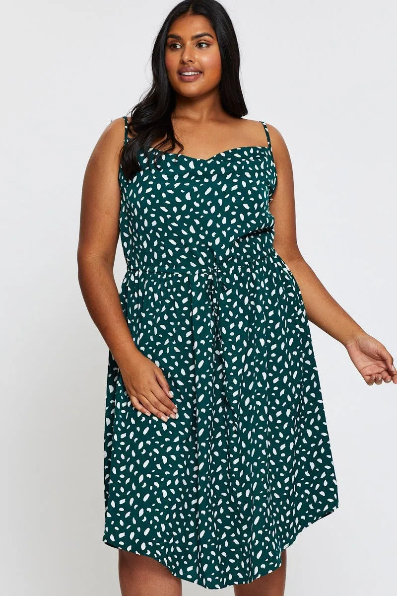 Geo Print Midi Satin Dress Cowl Neck Sleeveless Front Ruffle