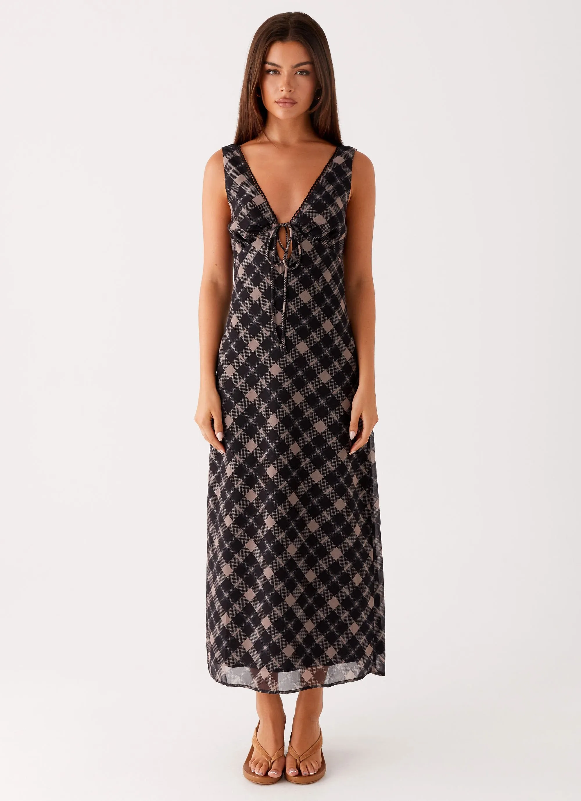 Gianna Midi Dress - Taupe Check Relaxed Fit Design Sharp Detail
