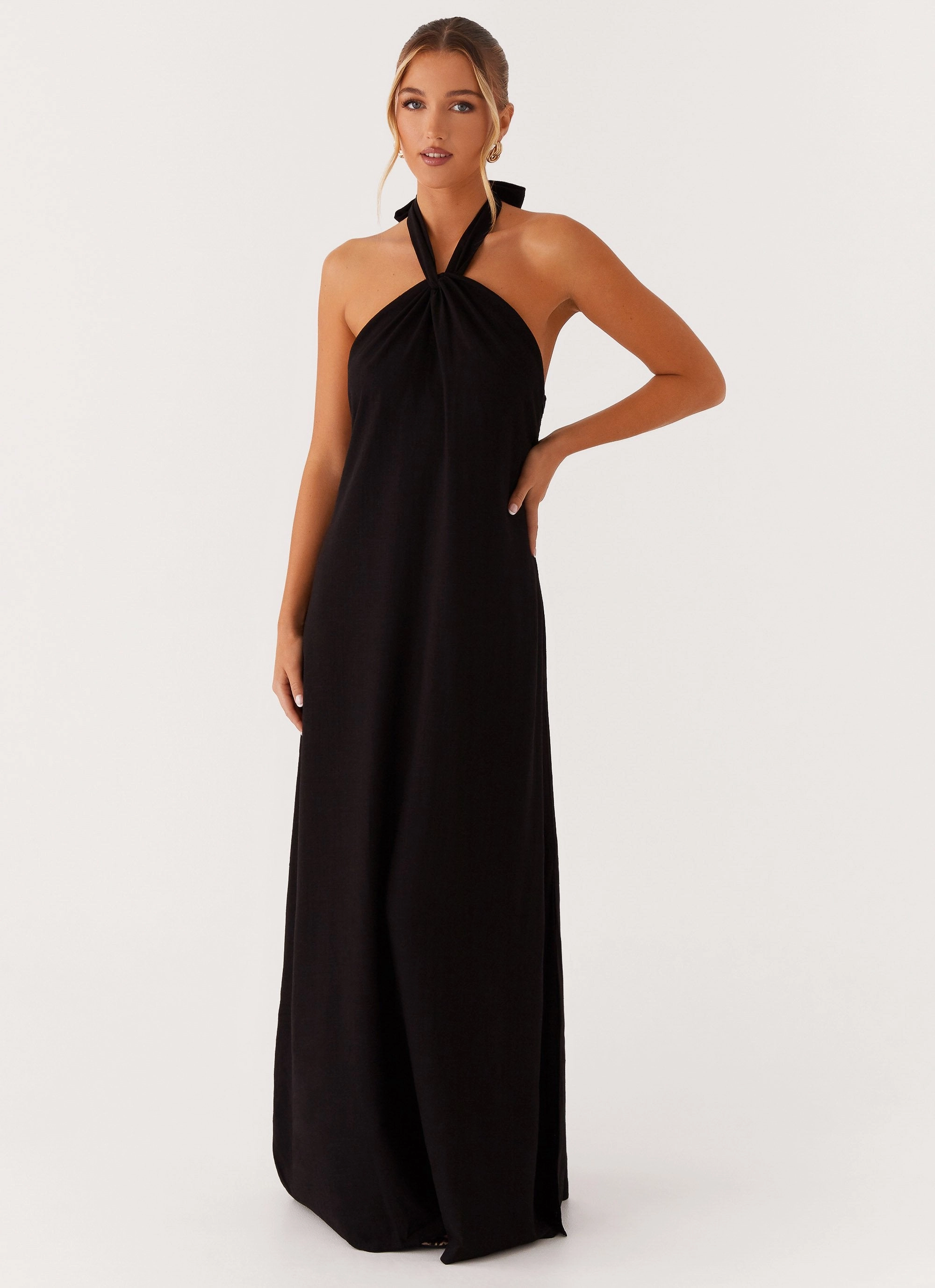 Sleek Vibe Golden Child Linen Maxi Dress - Black