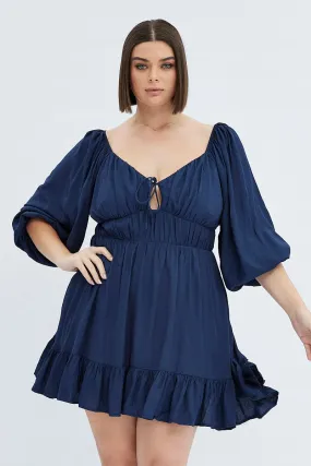 Blue Fit And Flare Dress 3/4 Sleeve Tiered Cut Out Playful-Detail Chilly Day Comfort