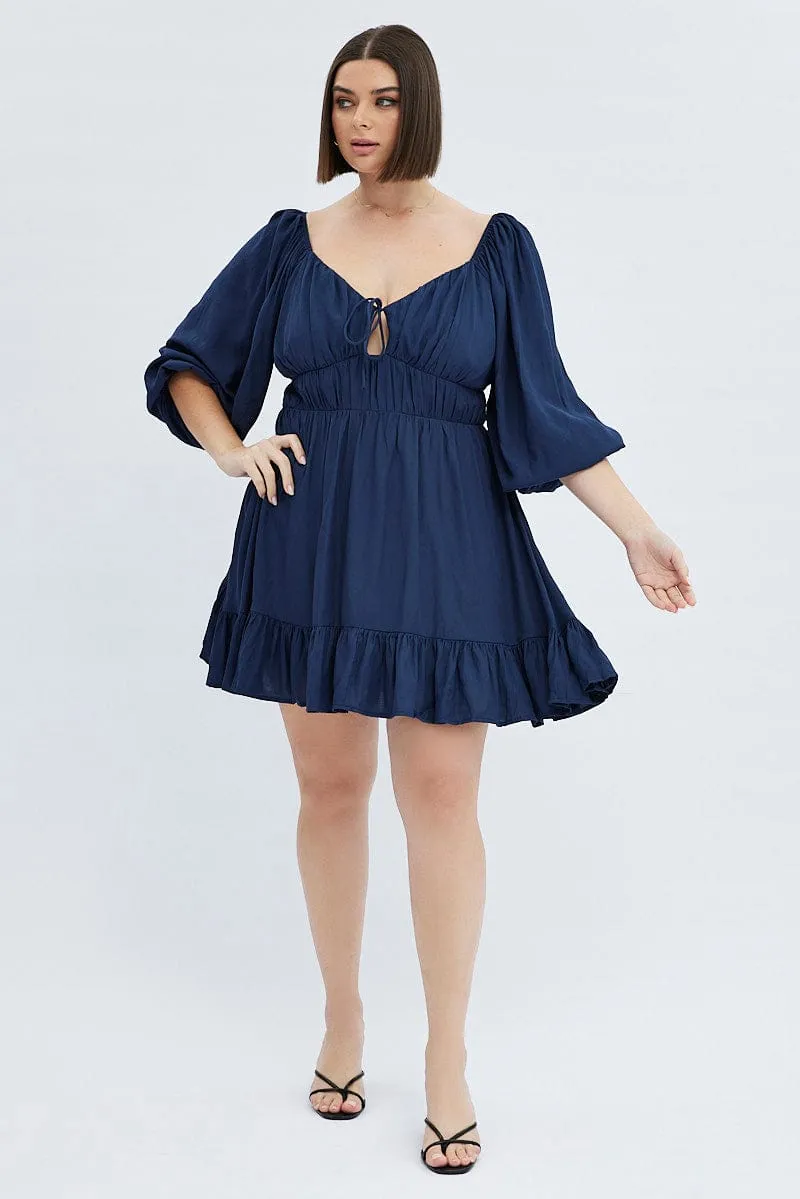 Modern Twist Blue Fit And Flare Dress 3/4 Sleeve Tiered Cut Out