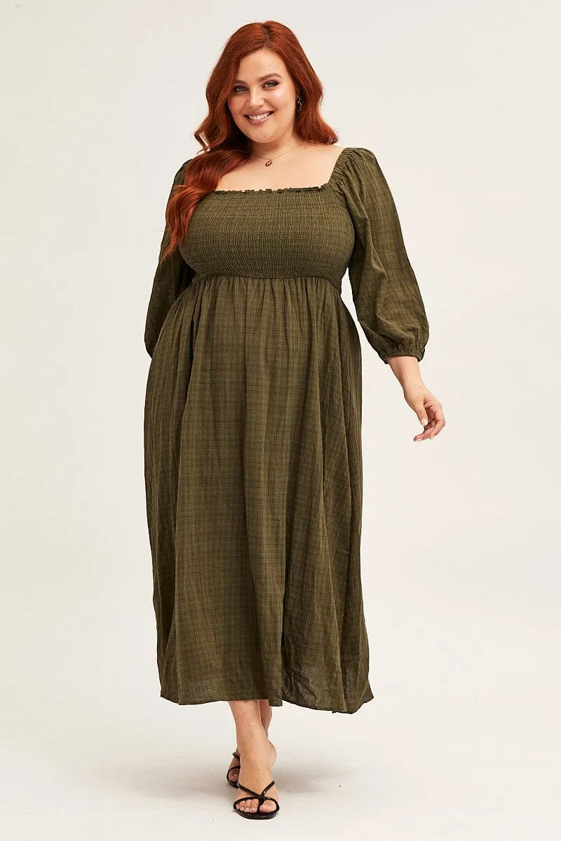 Green 3/4 Sleeve Shirred Midi Dress Soft Movement Sophisticated Layers