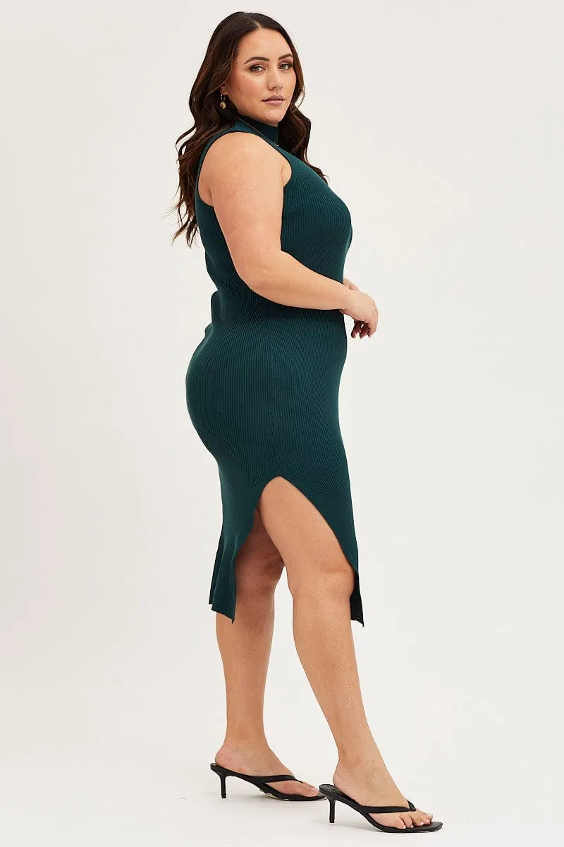 Green Bodycon Dress Round Neck Sleeveless Layered Look Relaxed Design