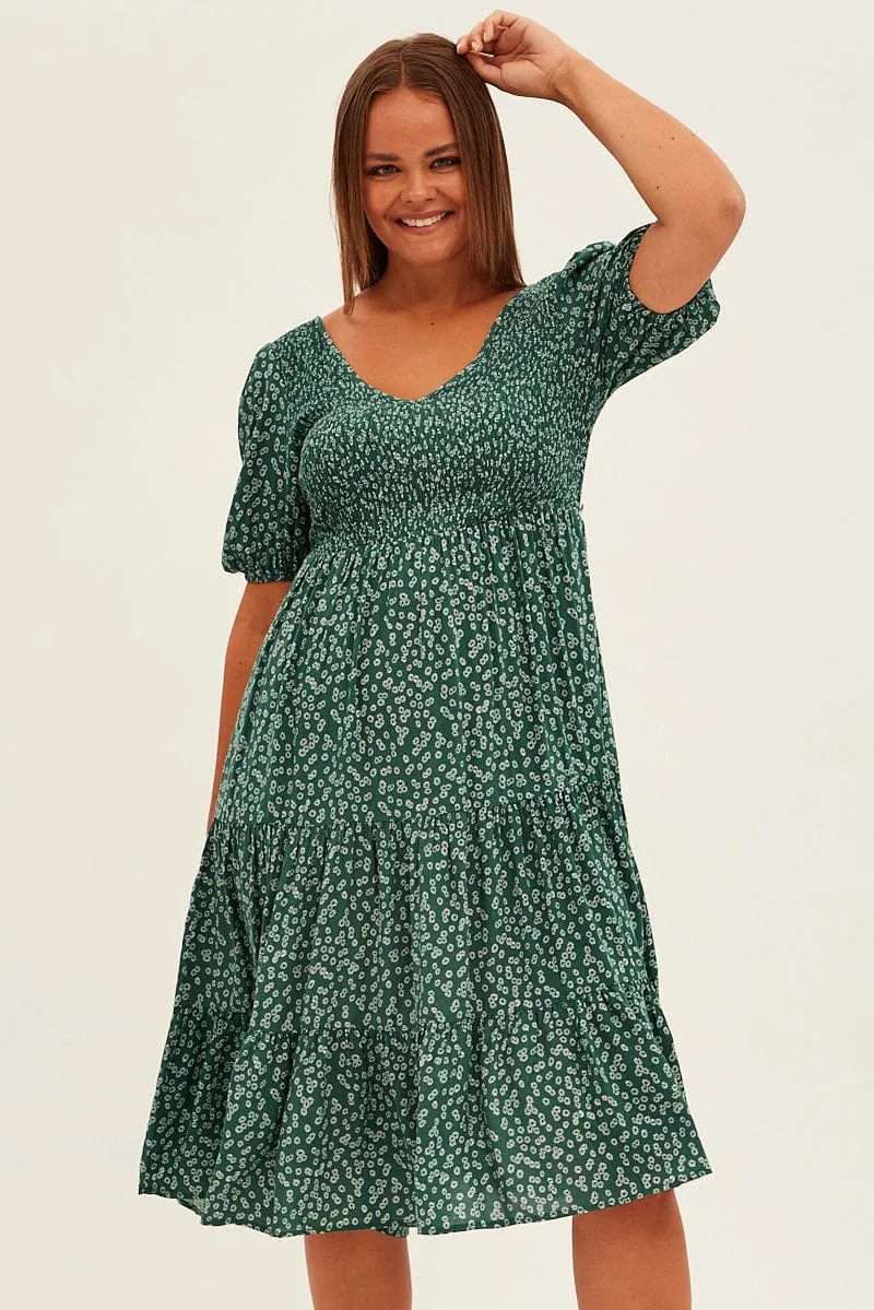Green Ditsy Midi Dress Shirred Bodice V-neck Best-Seller