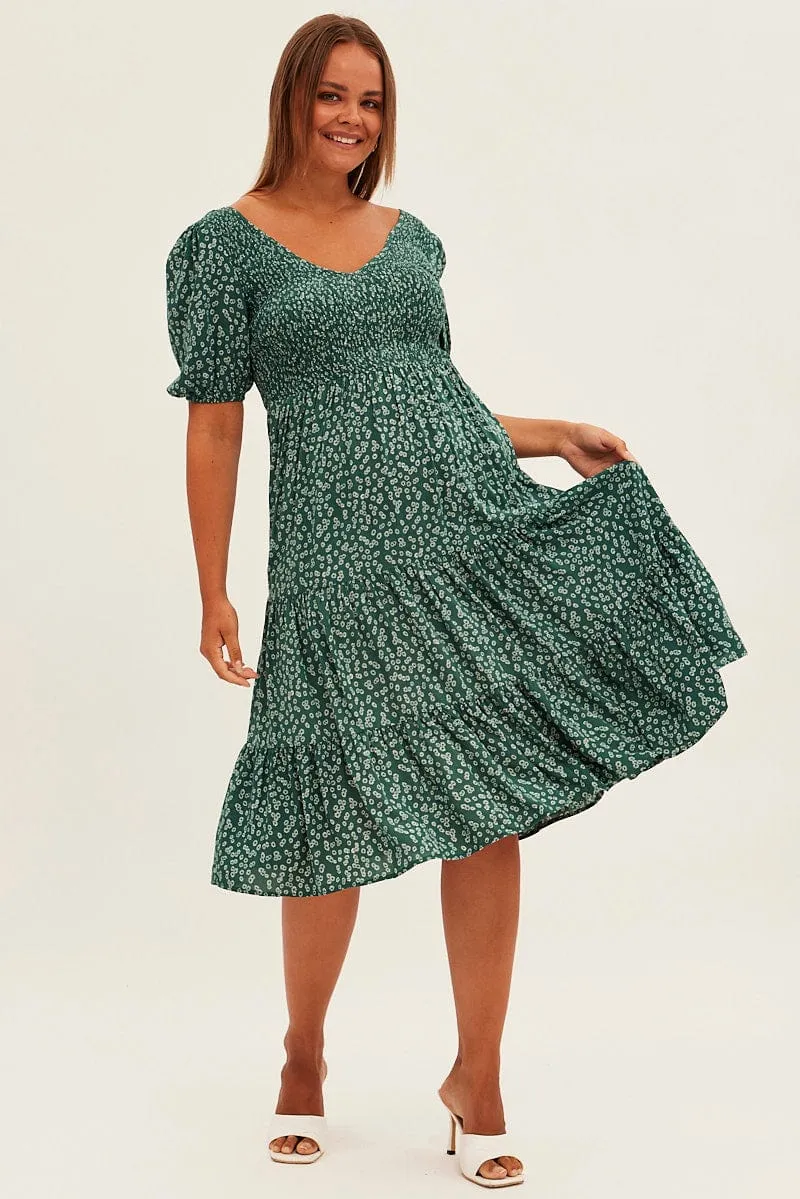 Comfort Mode Green Ditsy Midi Dress Shirred Bodice V-neck