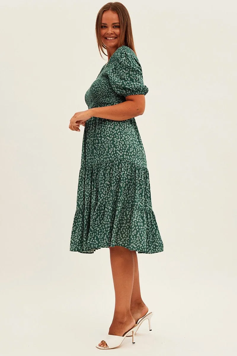 Green Ditsy Midi Dress Shirred Bodice V-neck Classic and Chic SeamlessConstruction