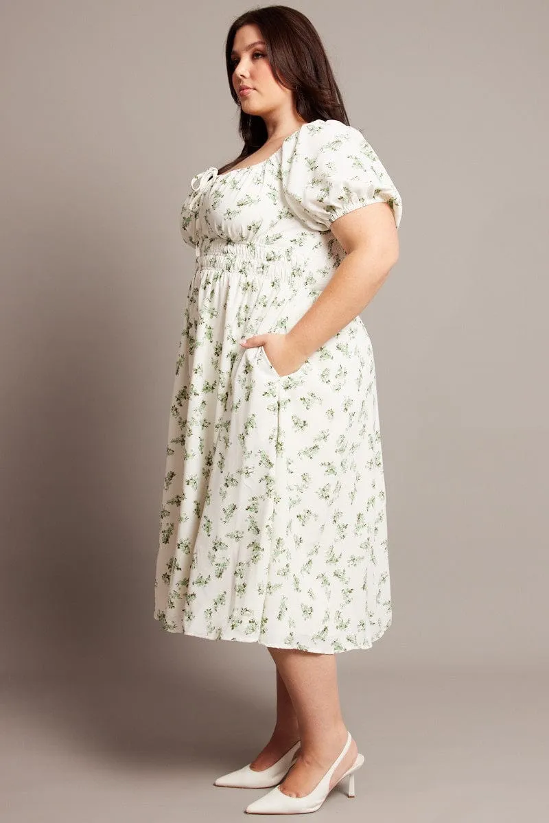 Elegant formal outfit Smart Fit Green Ditsy Midi Dress Short Sleeve Ruched Bust