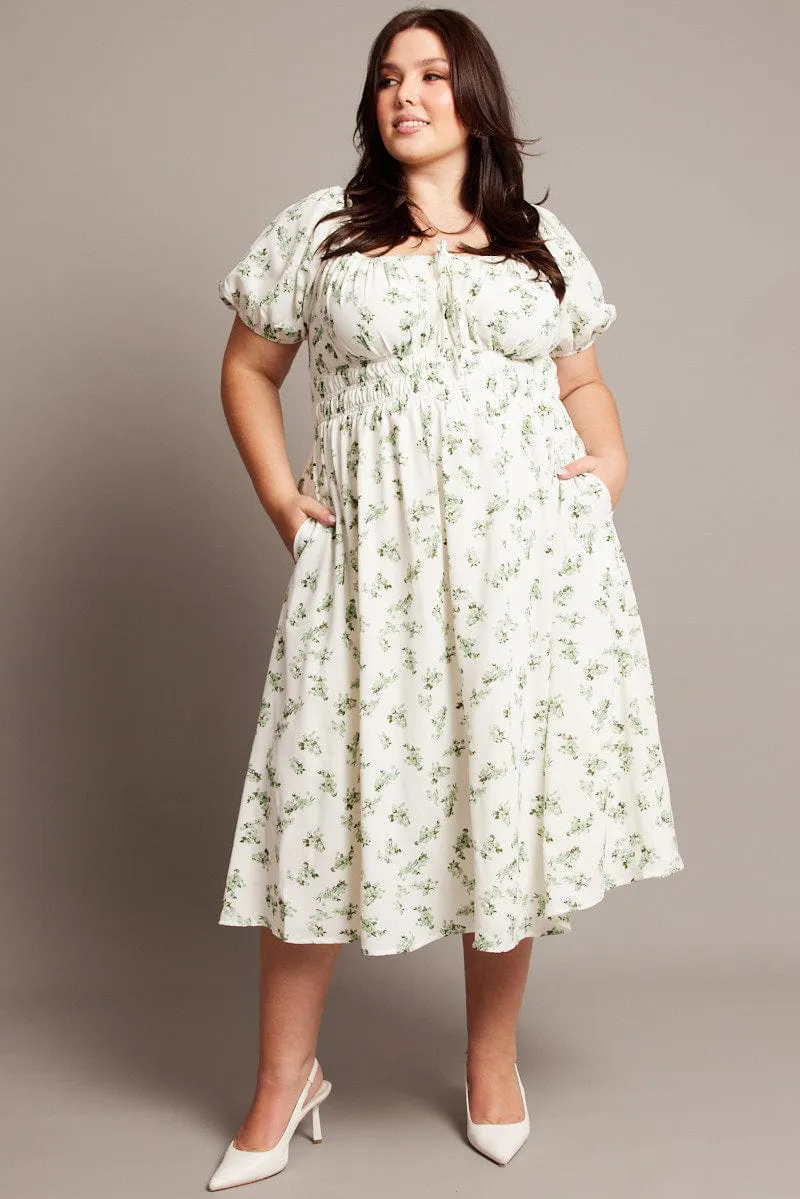 Workwear Green Ditsy Midi Dress Short Sleeve Ruched Bust