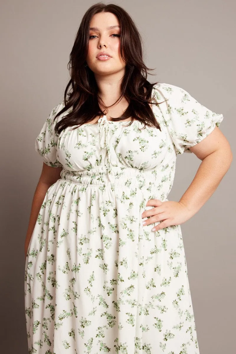 Contrast-Lining Green Ditsy Midi Dress Short Sleeve Ruched Bust