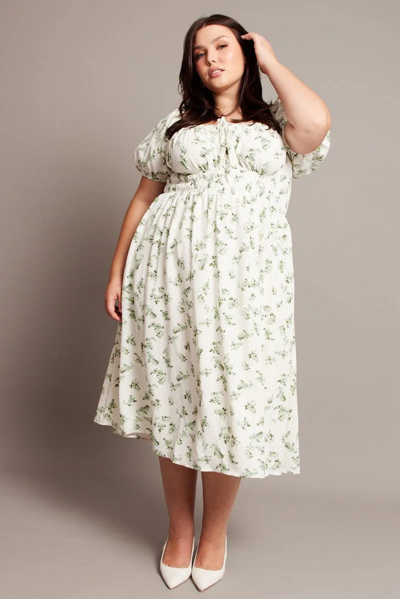 All Fitwear Sophisticated Comfort Green Ditsy Midi Dress Short Sleeve Ruched Bust